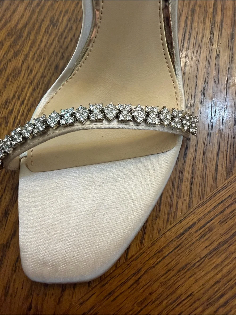 Jewel Badgley Mischka Blush Cream Satin Crystal-Strap Ankle-Heels
